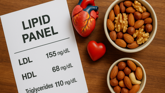 Close-up of a lab report showing LDL, HDL, and triglyceride values next to a heart model and healthy nuts.
