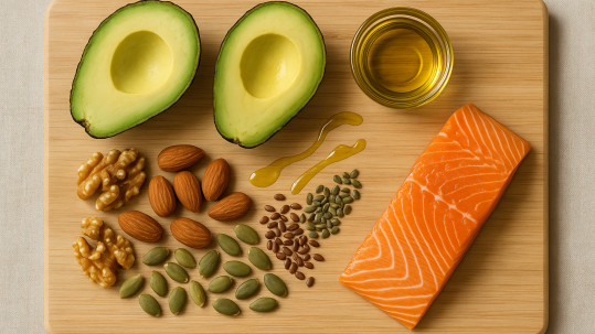 A selection of healthy fats: avocado halves, olive oil, nuts, seeds, and wild salmon fillet arranged on a cutting board.
