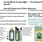 Promotional graphic for the Total Transformation Black Friday Offer showing program bonuses, including FitBit Charge 6, a 64oz glass water bottle, and a signed copy of Exchange Your Life of Limits, with instructions to message “ENERGY” on Messenger.